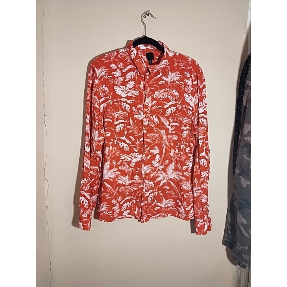 H&M Mens XL Long Sleeve Button Down Shirt Red White Floral Tropical Viscose